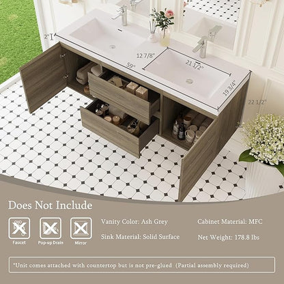 Floating Bathroom Vanity with Double Sinks, 60" Wall-Mounted Bathroom Storage Vanity Cabinet with Resin Top Basin and Soft Close Drawers, No Assembly Required, Ash Grey