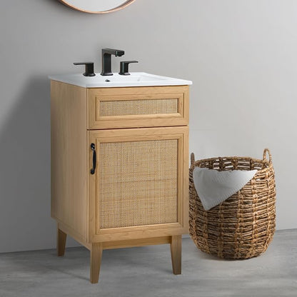JONATHAN Y Javer Bohemian Rattan Freestanding Bath Vanity, 20", Oak | 18" Deep, 33" High, Single Soft-Close Door, Caned Paneling, 2-Shelf Storage, Basin Not Included, Modern Farmhouse Style