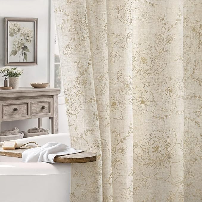 Farmhouse Floral Linen Shower Curtain, Vintage Beige Embroidered Pattern Rustic Shower Curtains for Bathroom, Tan Taupe,72x72