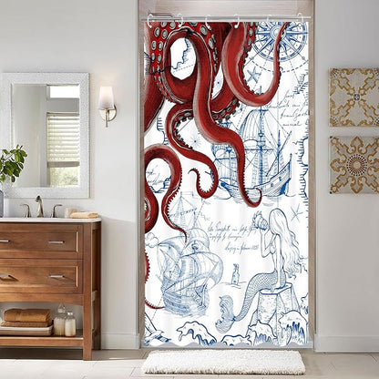 Fungarth Stall Red Nautical Octopus Shower Curtain Navy Blue Mermaid Funny Ocean Kraken Shower Curtains for Bathroom Cool Anchor Coastal Map Waterproof Fabric Bath Curtain Decor (Red, 36” x 72”)