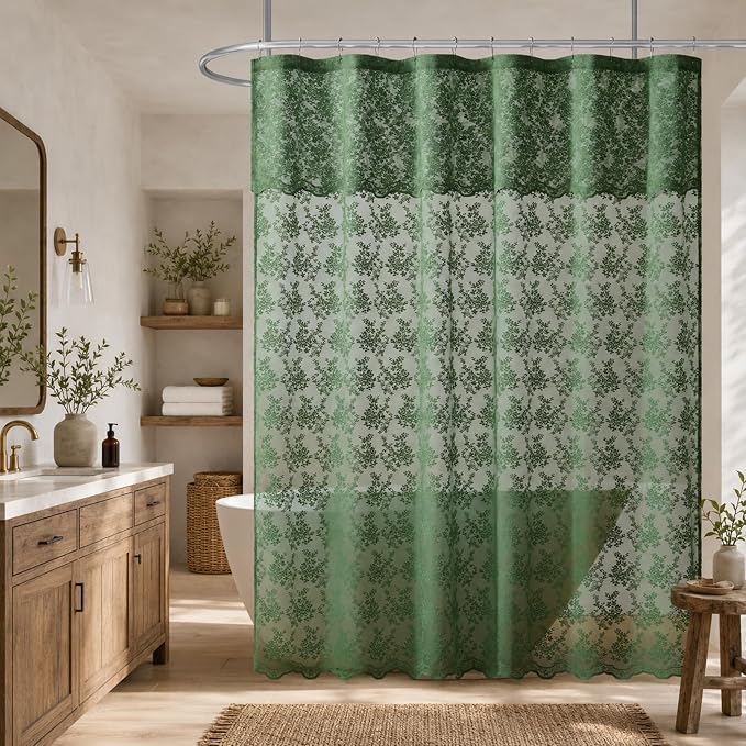 TUDECO Dark Green Shower Curtain for Bathroom, Delicate Lace, 72 x 72 | Forest Green Floral, Rustic Nature Decor, Attached Valance, Brightens Space, Semi- Privacy, Airy Summer Bath Curtain