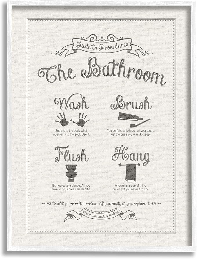 Stupell Industries 'Guide to Bathroom Procedures Linen Look', Framed Giclee Art, White, 16 x 20 Inches, Easy to Hang and Sturdy, Made in USA, by Lettered and Lined