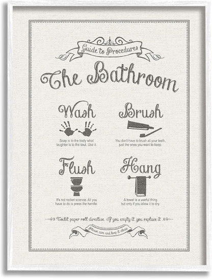 Stupell Industries 'Guide to Bathroom Procedures Linen Look', Framed Giclee Art, White, 16 x 20 Inches, Easy to Hang and Sturdy, Made in USA, by Lettered and Lined