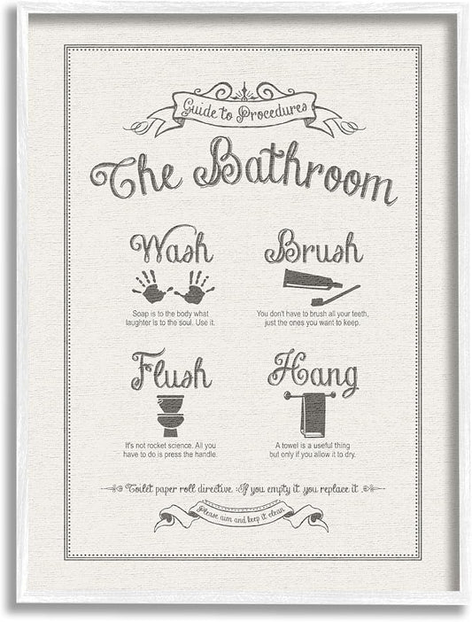 Stupell Industries 'Guide to Bathroom Procedures Linen Look', Framed Giclee Art, White, 16 x 20 Inches, Easy to Hang and Sturdy, Made in USA, by Lettered and Lined