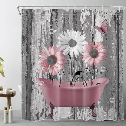 HVEST Pink and Gray Floral Shower Curtain with Hooks Daisy Flower in Bathtub and Butterfly on Rustic Wood Shower Curtain for Bathroom 78L X 72W inch Polyester Fabric Bathroom Decoration Bath Curtain
