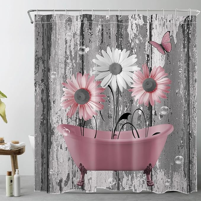 HVEST Farmhouse Pink Floral Bathroom Set With Shower Curtain and Rugs - Grey and White Daisy Flower in Bathtub With Butterfly on Vintage Wood - 70L X 70W Inch
