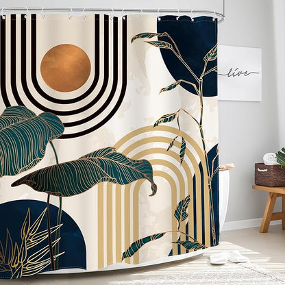 Glawry Blue Abstract Mid Century Shower Curtain Boho Retro Tropical Palm Tree Modern Sun Arch Bathroom Aesthetic Geometric 72Wx72L Inches Bath Accessories Art Home Decor Fabric 12 Pack Hooks