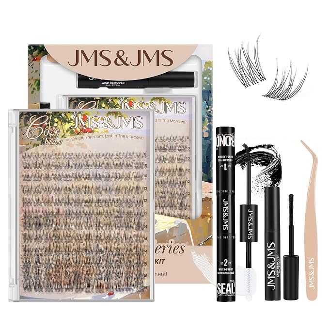 JMS&JMS Natural Look Lash Clusters Kit Wispy Eyelash Extension Kit | C Curl 8-16Mix Invisible Band Lashes Kit with Waterproof Lash Bond and Seal,Lash Remove DIY False Eyelashes at Home