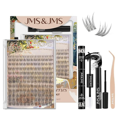 JMS&JMS Natural Look Lash Clusters Kit Wispy Eyelash Extension Kit | C Curl 8-16Mix Invisible Band Lashes Kit with Waterproof Lash Bond and Seal,Lash Remove DIY False Eyelashes at Home