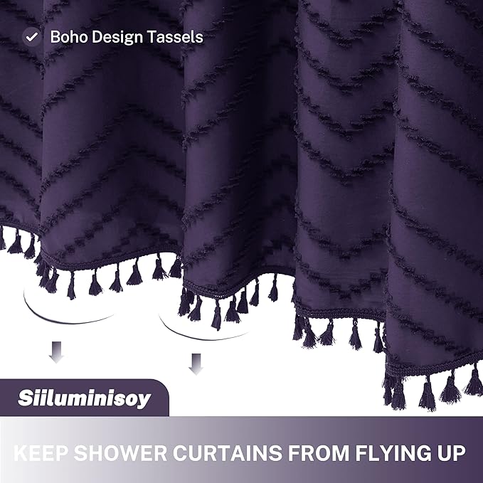 Extra Long Boho Shower Curtain, Woven Fabric 84 in Dark Purple, 72 x 84, Tufted Chevron Striped Modern Chic Textured Minimalist Bathroom Shower Curtain