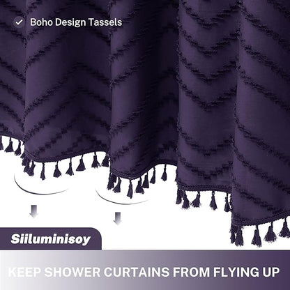 Boho Dark Purple Shower Curtain, 72 x 72 Woven Fabric Tufted Chevron Textured Striped Modern Farmhouse Minimalist for Bathroom