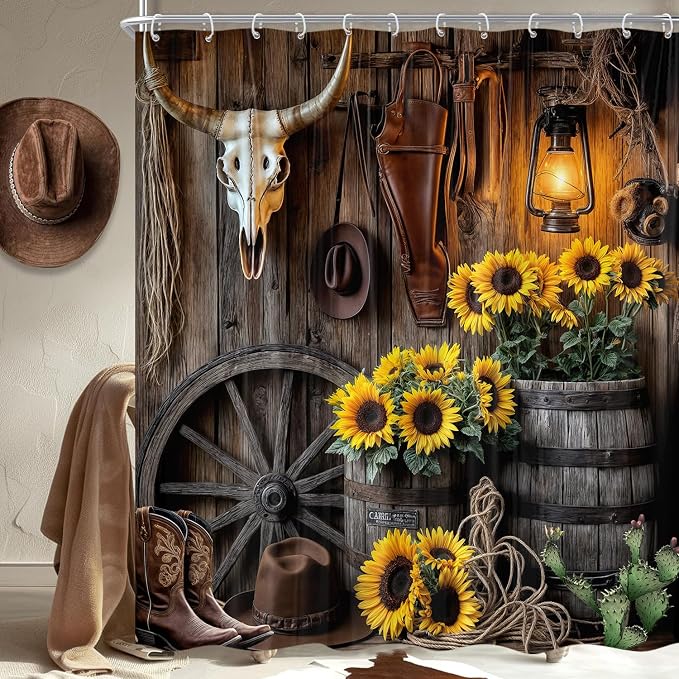 Farmhouse Western Shower Curtain, Rustic Country Cowboy Barn Door Bath Curtain Set, Brown Southwest Cowboys Boots Hat Bull Sunflowers Bathroom Decor Accessories with Hooks 60X70IN