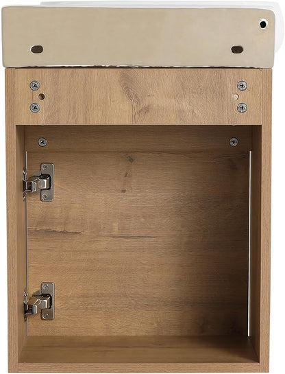 Malwee 16" Floating Bathroom Vanity with Sink, 16 Inch Single Sink Wall Mounted Bathroom Vanity, with 1 Door and White Ceramic Basin Top for Small Space, Modern Wall Hung Cabinet Storage (029-16IMOX)