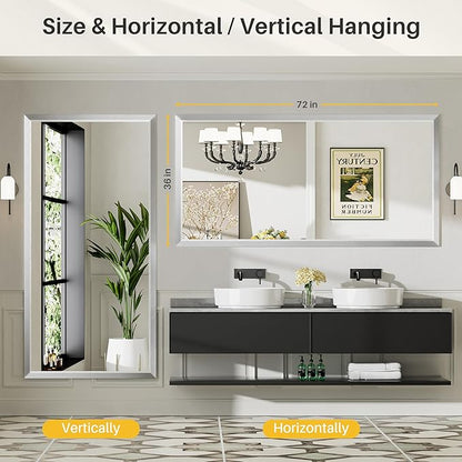 72x36 Inch Brushed Silver Bathroom Mirror for Wall, Thick Metal Framed Rectangle Mirrors for Over Sink, Bedroom, Living Room, Entryway, Anti-Rust, HD Tempered Glass