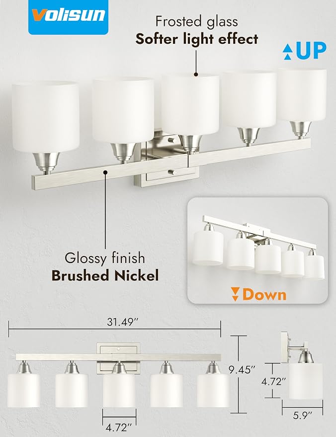 VOLISUN Brushed Nickel 5-Light Bathroom Vanity Light Fixtures Over Mirror | Modern Vanity Light for Bathrooms, Milky White Frosted Glass Shades