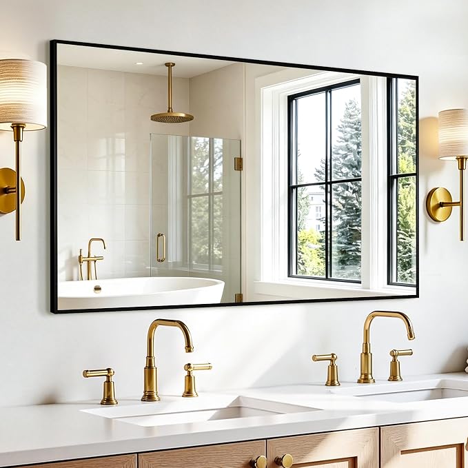 Rectangular Bathroom Mirror, 55"x30" Black Metal Framed Vanity Mirror | HD Shatterproof Wall Mirror, Horizontal or Vertical Hanging, Easy Installation for Bathroom, Bedroom, Living Room, Entryway
