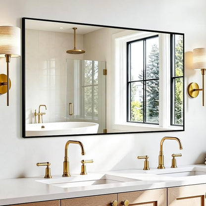 Rectangular Bathroom Mirror, 55"x30" Black Metal Framed Vanity Mirror | HD Shatterproof Wall Mirror, Horizontal or Vertical Hanging, Easy Installation for Bathroom, Bedroom, Living Room, Entryway