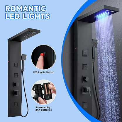 MENATT 5 in 1 Stainless Steel Shower Panel Black Tower System with LED Lights, Rainfall Waterfall Shower Head, Multi Function Shower System with Body Jets and Bath Tub Spout, Matte Black
