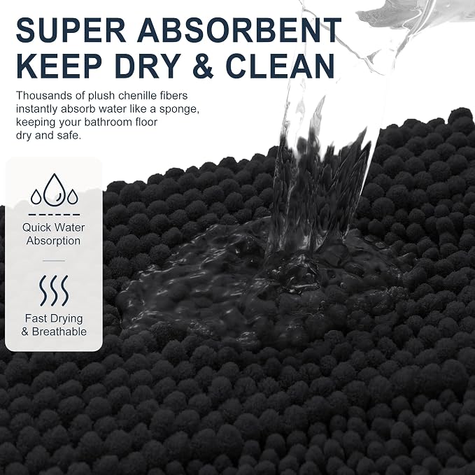 Smiry Thick Chenille Large Bathroom Runner Rugs 40x32, Soft Bath Mat, Black | Quick‑Dry & Machine Washable, Non‑Slip Bath Carpet, Striped Bath Rugs for Tub & Shower, Modern Home Decor Accessories