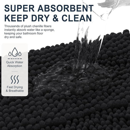 Smiry Thick Chenille Large Bathroom Runner Rugs 40x32, Soft Bath Mat, Black | Quick‑Dry & Machine Washable, Non‑Slip Bath Carpet, Striped Bath Rugs for Tub & Shower, Modern Home Decor Accessories