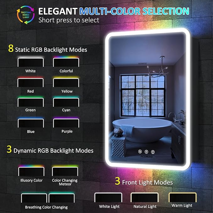 24×32 Inch LED Lighted Medicine Cabinet, Bathroom Medicine Cabinet with Mirror and Lights, RGB Multicolor Backlit, Adjustable Front Lighted, Defogger, Dimming, Memory Function, Wall Mounted
