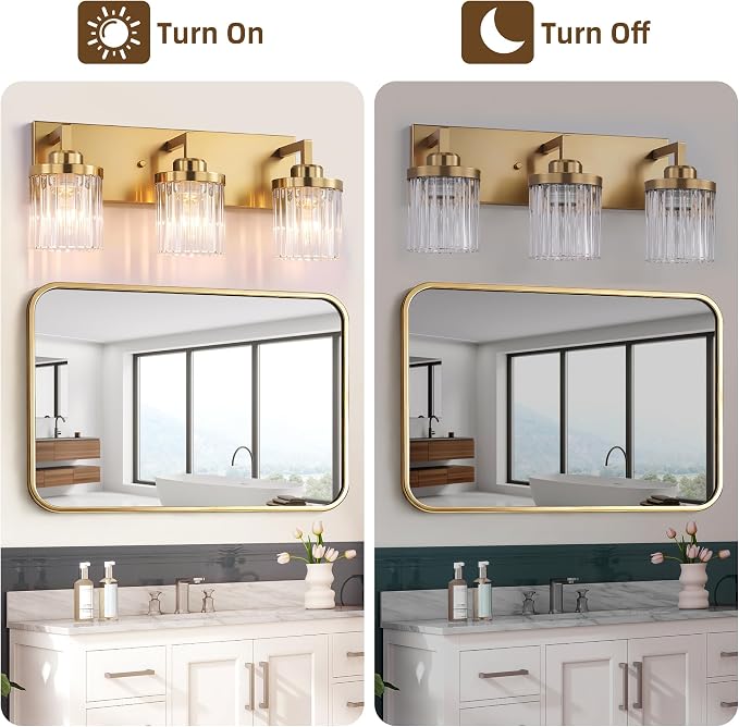 Modern 3-Light Gold Vanity Lights, Crystal Glass Bathroom Fixtures | Brushed Gold Finish, Rust-resistant Metal, Industrial Design, E26 Compatible, Over Mirror Wall Light for Bathroom Restroom