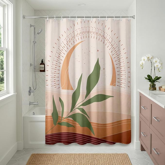 Americanflat 71x74 Boho Shower Curtain - Water-Resistant Long Shower Curtain with Durable Metal Grommets and 12 Hooks - 100% Polyester - Sage Green, Terracotta, Blush Pink and Rust Red