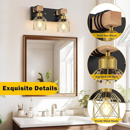 FadimiKoo Rustic Style Wood Bathroom Wall Sconces, 2-Light Black Gold Bathroom Vanity Light Fixtures with Metal Shade, Light Fixtures Wall Mount for Living Room, Hallway, Dressing Table