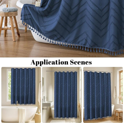 Dusty Blue Fabric Shower Curtain, Boho Shower Curtains for Bathroom Chic Tufted Chevron Striped Textured with Tassel, Soft Hotel Style Farmhouse, Machine Washable, 72x78, Dusty Blue