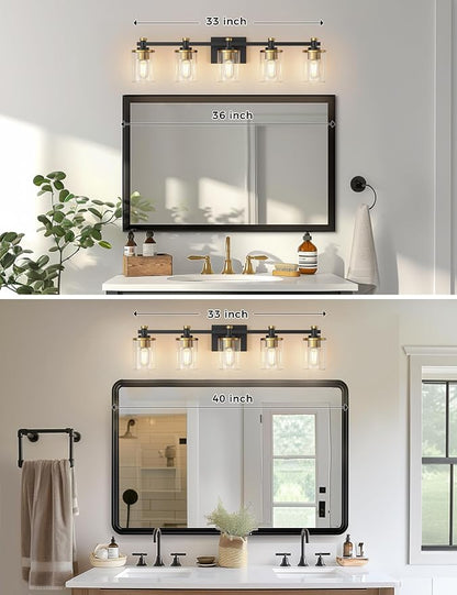 Bathroom Light Fixture, Bathroom Vanity Light Over Mirror, 5-Lights | Vanity Lights for Bathroom, Modern Lighting Fixtures with Clear Glass Shade, Black and Gold Vanity Lights, ETL Listed