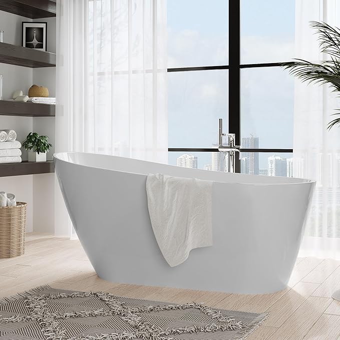 67 Inch Acrylic Freestanding Bathtub, Deep Soaking Tub with Non-Slip Base, cUPC Certified Free Standing Modern Bath Tub with Chrome Drain, Easy-Clean White Soaking Tub for Bathroom, Home Spa