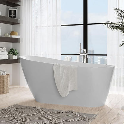 67 Inch Acrylic Freestanding Bathtub, Deep Soaking Tub with Non-Slip Base, cUPC Certified Free Standing Modern Bath Tub with Chrome Drain, Easy-Clean White Soaking Tub for Bathroom, Home Spa