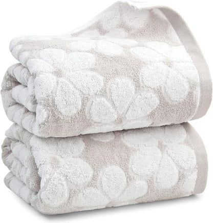 Soft Bath Towels 2 Pack, Super Absorbent Shower Towels 27.5x55 Inches | Cute Floral Jacquard Bathroom Set, Cotton, Light Beige