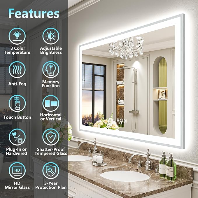 66x36 Inch Brushed Nickel LED Bathroom Mirror, Backlit & Front Lit | Silver Framed Anti-Fog Lighted Vanity Mirror with Lights, 3 Color Dimmable, Memory, HD Tempered Glass, CRI95, IP54, UL Listed