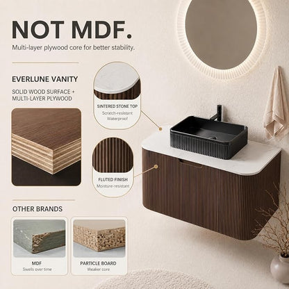 36 Inch Bathroom Vanity with Sink, Floating Wall Mounted Single Sink Vanity, Dark Walnut Curved Fluted Front, Stone Top, Black Textured Rectangular Vessel Basin, Pre-Assembled