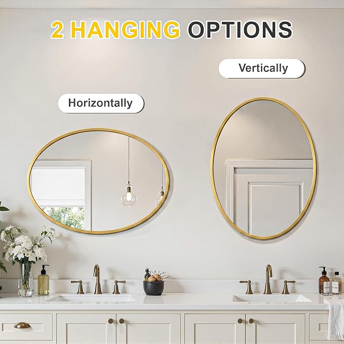 Oval Bathroom Mirror for Wall, 24"x32" Gold Bathroom Vanity Mirror | HD Shatterproof Glass, Metal Framed, Oval Vanity Mirrors for Bathroom, Bedroom, Living Room, Entryway, Horizontal or Vertical