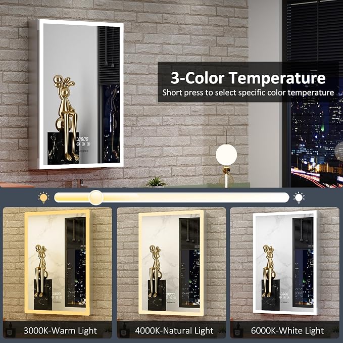 ACEMIRO 20"×30" Bathroom Mirror Cabinet, Recessed Lighted Medicine Cabinet with Mirror, Dimmable 3 Color Lights, Clock & Room Temp Display, Defogger, LED Bathroom Cabinet with Storage, Left Hinge