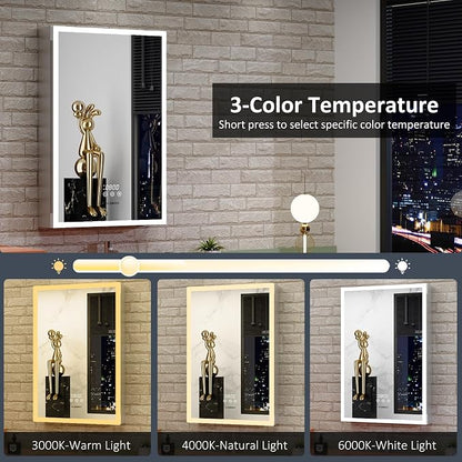 ACEMIRO 20"×30" Bathroom Mirror Cabinet, Recessed Lighted Medicine Cabinet with Mirror, Dimmable 3 Color Lights, Clock & Room Temp Display, Defogger, LED Bathroom Cabinet with Storage, Left Hinge