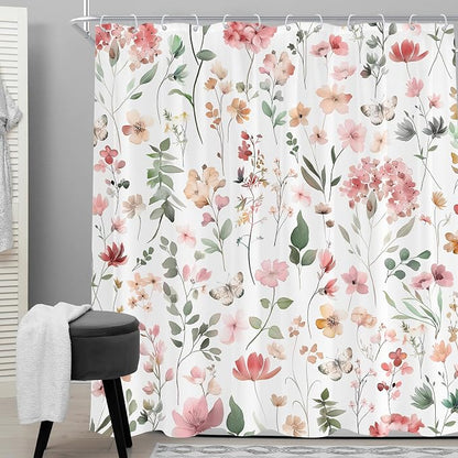 Pink Blush Coral Flower Floral Peach Watercolor Bathroom Shower Curtain Set | 72"W x 78"H Cute Wildflower; waterproof HD print, quick-dry fabric and plastic hooks for easy setup.