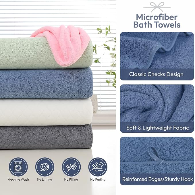 JML Bath Towels with Hanging Loop, 2 Pack, 27x55 in, Microfiber, Light Blue | Soft, Super Absorbent, Quick Dry, Lint-Free & Fade-Resistant, Lightweight Bathroom Towel for Daily Use