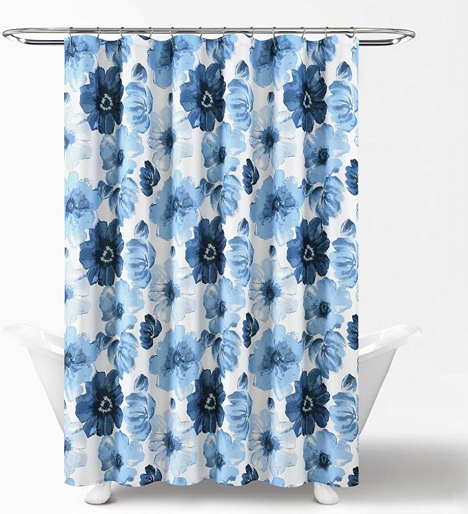 Lush Decor Leah Floral Shower Curtain, 72" W x 72" L, Navy & White - Fabric Shower Curtains - Watercolor Botanical Bathroom Curtain - Farmhouse & French Country Decor