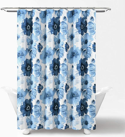 Lush Decor Leah Floral Shower Curtain, 72" W x 72" L, Navy & White - Fabric Shower Curtains - Watercolor Botanical Bathroom Curtain - Farmhouse & French Country Decor