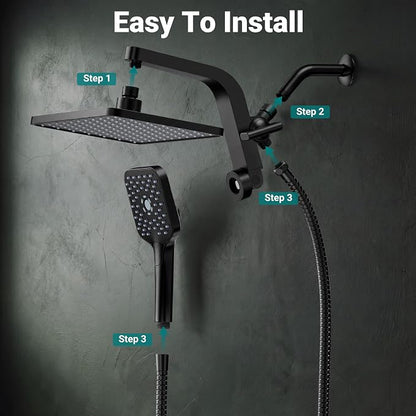 12" XXL Rainfall Shower Head with Handheld Combo Set, Matte Black | High Pressure, Magnetic Docking, Air-Infusion Tech, Anti-Leak One-Piece Design, Dual Square Showerhead