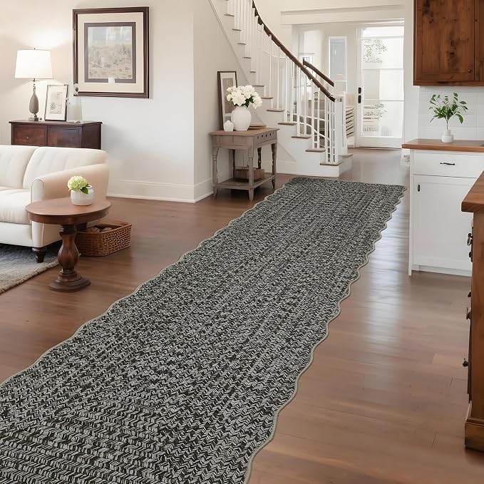 Imitation Braided Collection-Print Long Hallway Runners 2x10 Washable Area Rug, Farmhouse Rustic Bordered Area Rug Non Slip Soft Low Pile Indoor Carpet Runners for Entryways, Laundry Room