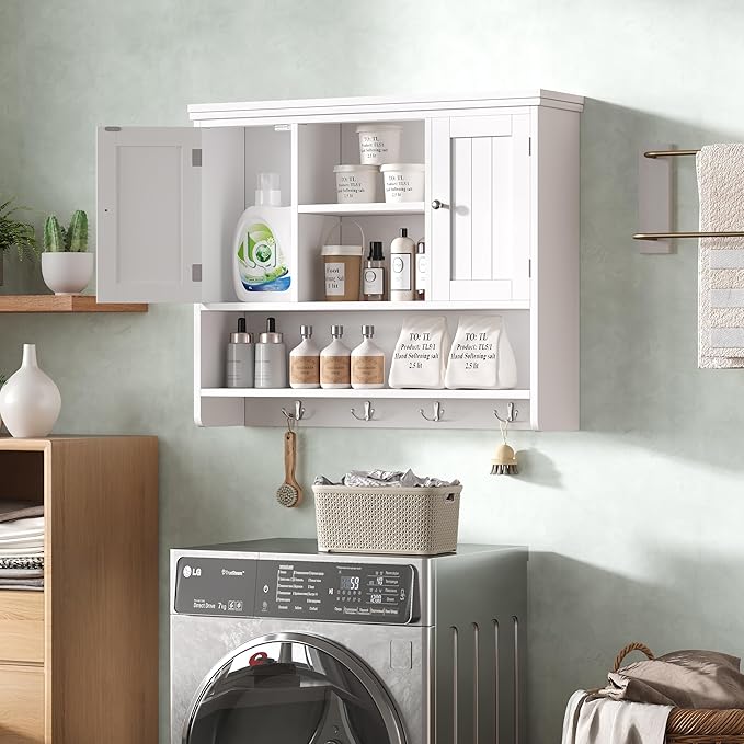 Bathroom Wall Cabinet with Doors and Hooks, 3-Tier Wall Mounted Cabinet | Modern Medicine Cabinet with 3 Open Shelves, Over the Toilet Storage Cabinet for Kitchen, Laundry Room, Living Room, White
