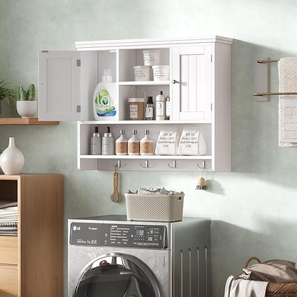 Bathroom Wall Cabinet with Doors and Hooks, 3-Tier Wall Mounted Cabinet | Modern Medicine Cabinet with 3 Open Shelves, Over the Toilet Storage Cabinet for Kitchen, Laundry Room, Living Room, White