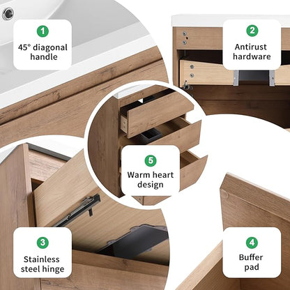 24" Bathroom Vanity with Sink, 24 Inch Freestanding Vanity with 3 Drawers, Single Resin Sink Floor Stand Cabinet Set Imitative Oak (Space-Saving for Small Bathrooms)