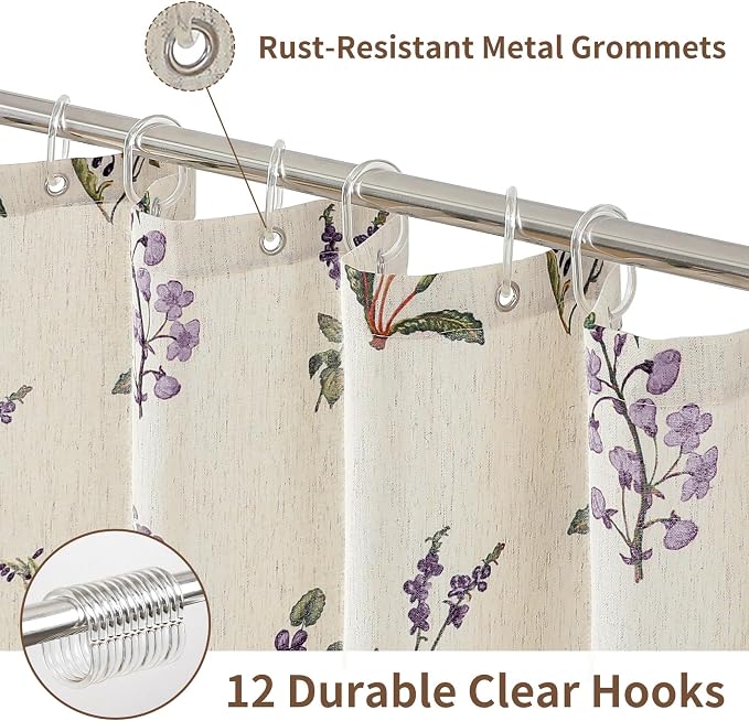 Colorful Star Farmhouse Floral Linen Shower Curtain, Vintage Boho Shower Curtain for Bathroom, French Country Pattern Waterproof Bathroom Curtains, 72" W x 72" L