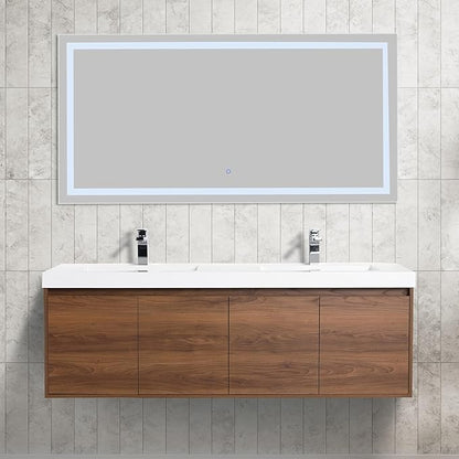 Blossom 60 Inch Floating Vanity Double Sink for Master Bath | Luxury Wall Mounted Bathroom Cabinet with Integrated Sinks | Professional-Grade Plywood & Pre-Assembled Design | Modern Walnut Finish