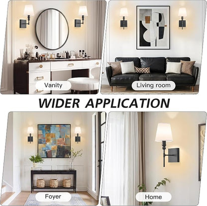 Vintage Bathroom Wall Sconce,Hardwired Bedside Wall Sconces Set of 2,Black Bathroom Light Fixture with White Fabric Shade for Bedroom Living Room Hallway Farmhouse,Convertible Height,E12 Base
